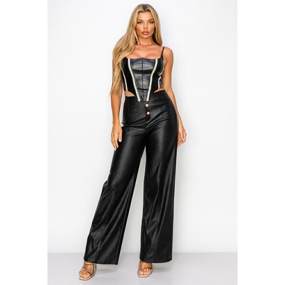 Women’s Black Leather Rhinestone Pearl Corset Bustier Top - Picture 7 of 10